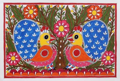 Alternate image for Colorful Madhubani Painting of Peacocks from India Spring Song
