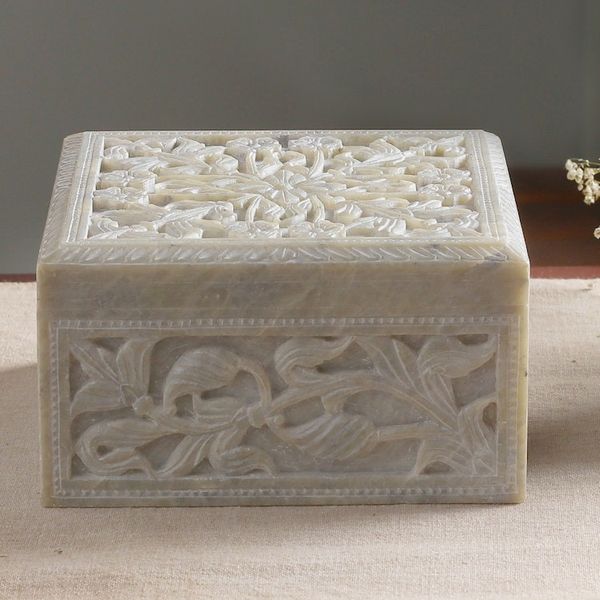 Alternate image for Hand-carved Natural Soapstone Decorative Box Wild Roses