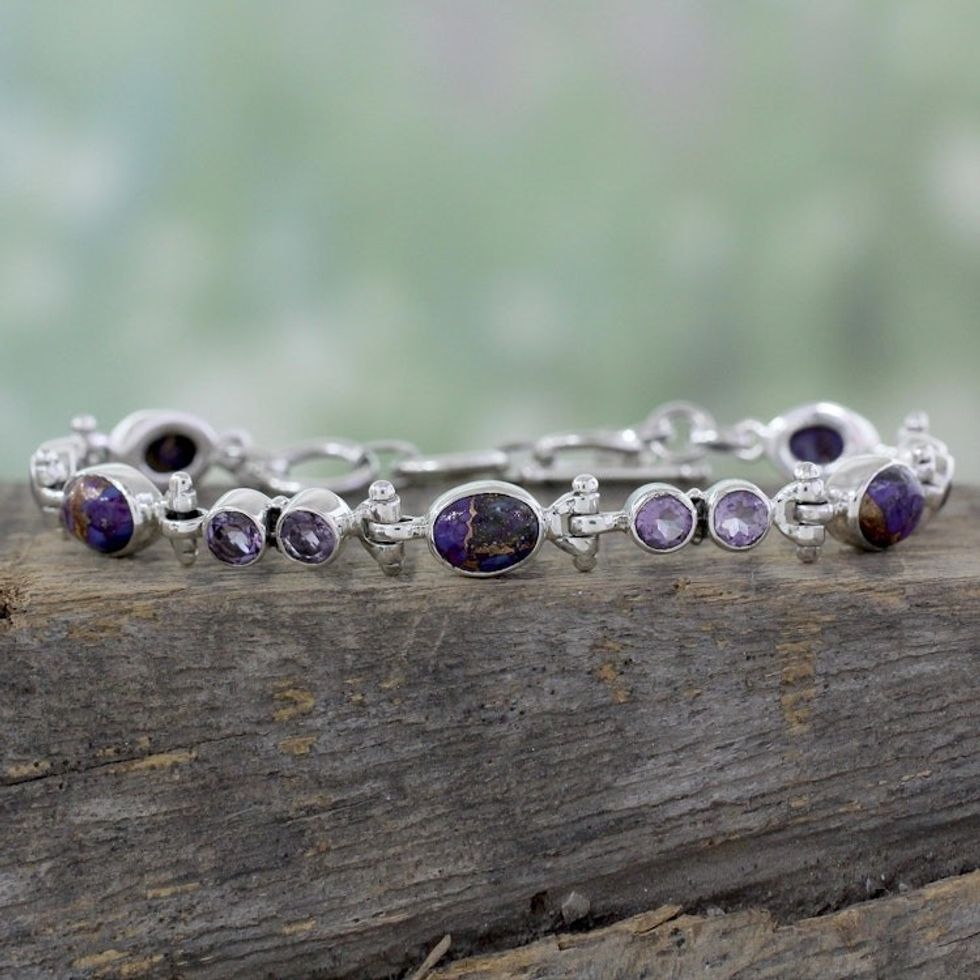Handmade Amethyst and Reconstituted Turquoise Link Bracelet 'Purple Song'