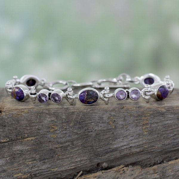 Alternate image for Handmade Amethyst and Reconstituted Turquoise Link Bracelet Purple Song