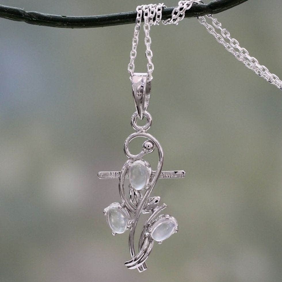 Handmade Silver Cross Necklace with Moonstones 'Blessed Trinity'