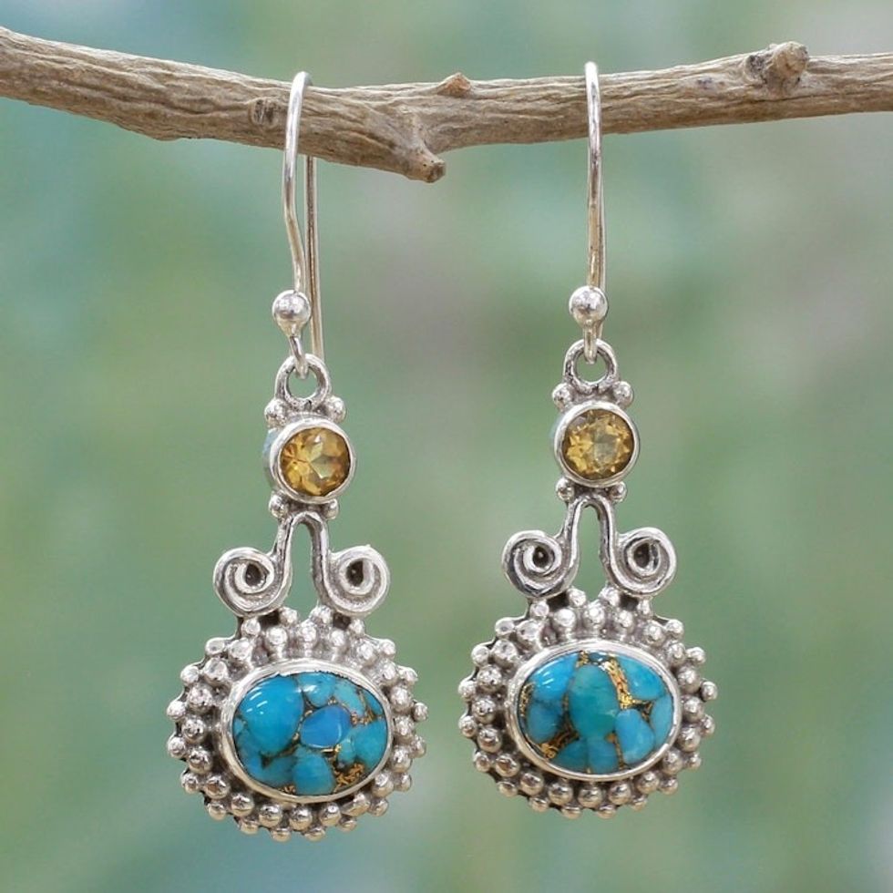 Citrine and Composite Turquoise Earrings Handmade in India 'Dream Drops'