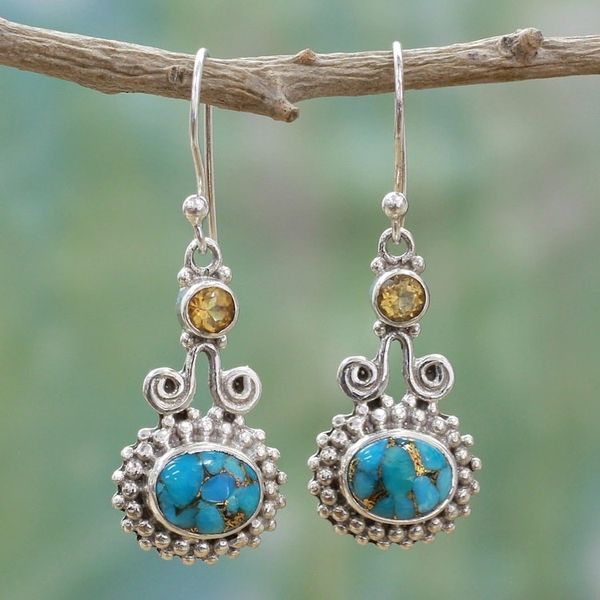 Alternate image for Citrine and Composite Turquoise Earrings Handmade in India Dream Drops