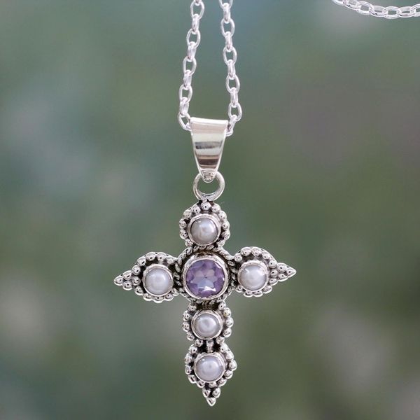 Alternate image for Cultured Pearl and Amethyst Necklace with Cross Pendant Harmony in White