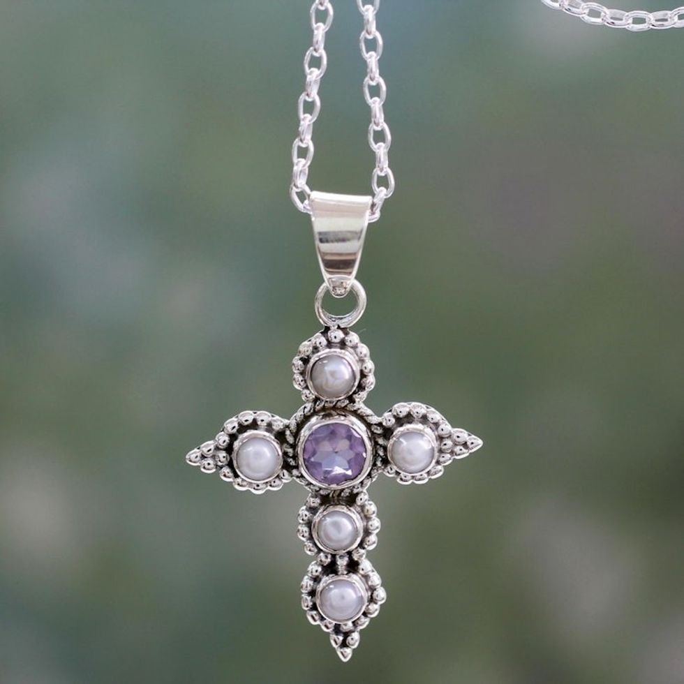Cultured Pearl and Amethyst Necklace with Cross Pendant 'Harmony in White'