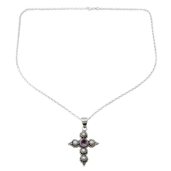 Alternate image for Cultured Pearl and Amethyst Necklace with Cross Pendant Harmony in White