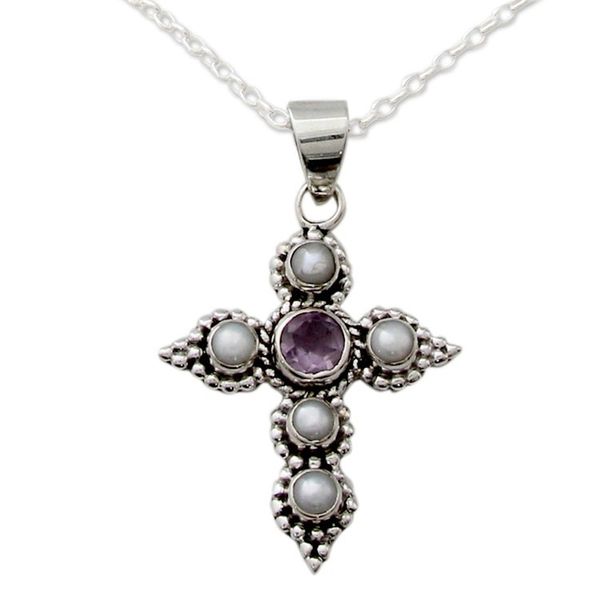 Alternate image for Cultured Pearl and Amethyst Necklace with Cross Pendant Harmony in White