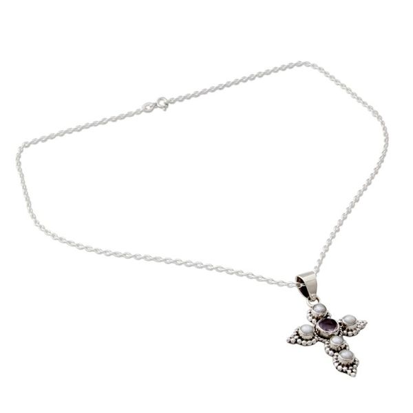 Alternate image for Cultured Pearl and Amethyst Necklace with Cross Pendant Harmony in White