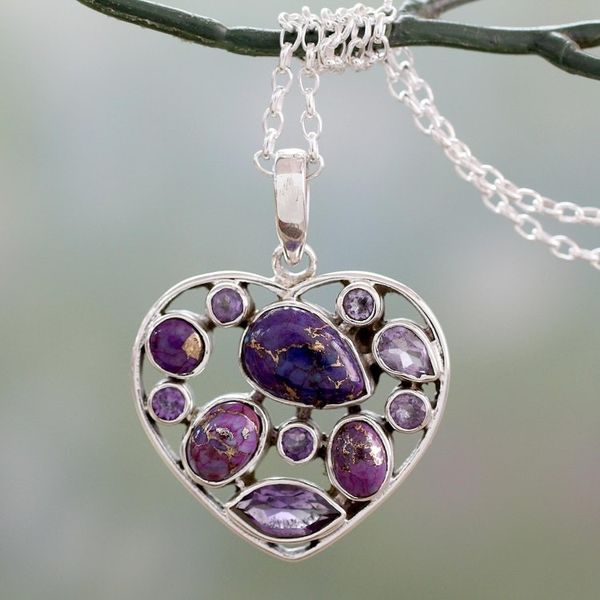 Alternate image for Hand Crafted Amethyst and Sterling Silver Heart Necklace Lilac Jaipuri Heart
