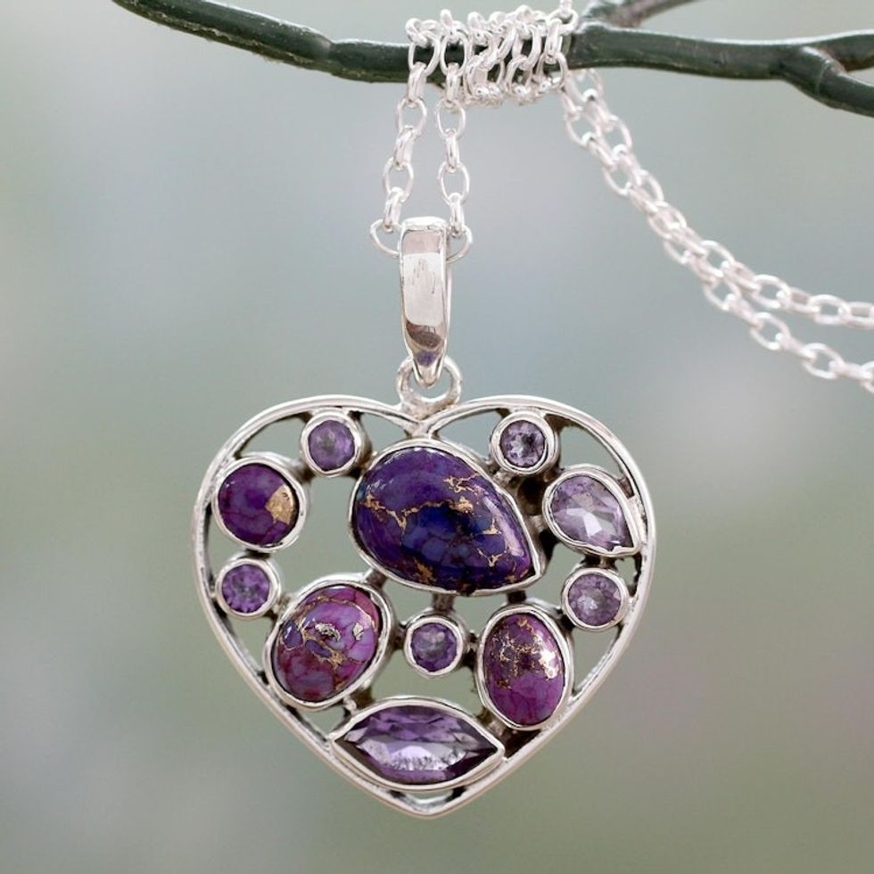 Hand Crafted Amethyst and Sterling Silver Heart Necklace 'Lilac Jaipuri Heart'