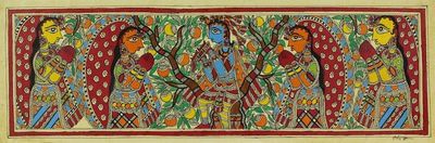 Alternate image for Madhubani Signed Painting with Hindu Lord Krishna Music of Love