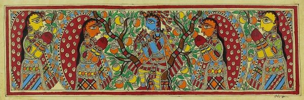 Image for Madhubani Signed Painting with Hindu Lord Krishna Music of Love