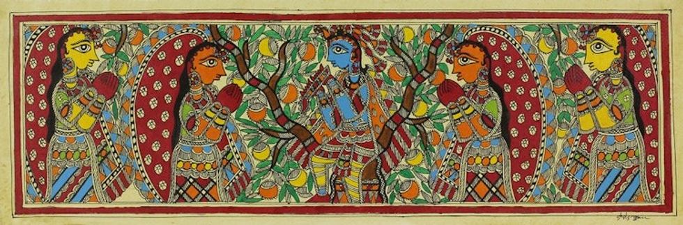 Madhubani Signed Painting with Hindu Lord Krishna 'Music of Love'