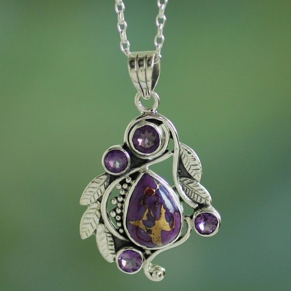 Alternate image for India Handcrafted Composite Turquoise and Amethyst Necklace Purple Forest Mist