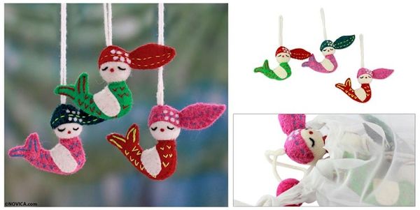 Alternate image for 3 Handmade Mermaid Ornaments Set Holiday Mermaids