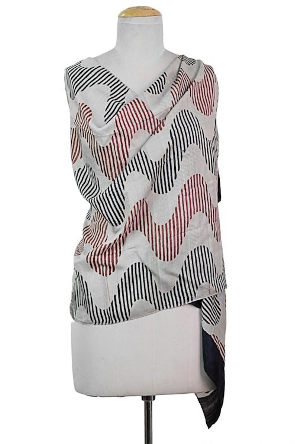 Hand Woven Printed Silk Shawl Wave Motifs from India 'Bengal Waves in Maroon'
