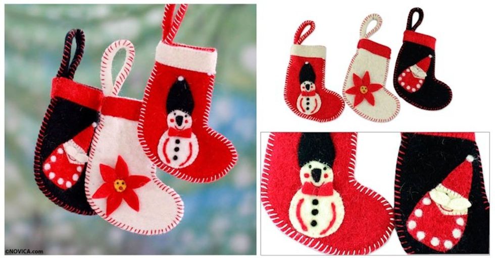 3 Handcrafted Christmas Stocking Ornaments from India 'Christmas Stockings'