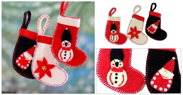 Alternate image for 3 Handcrafted Christmas Stocking Ornaments from India Christmas Stockings