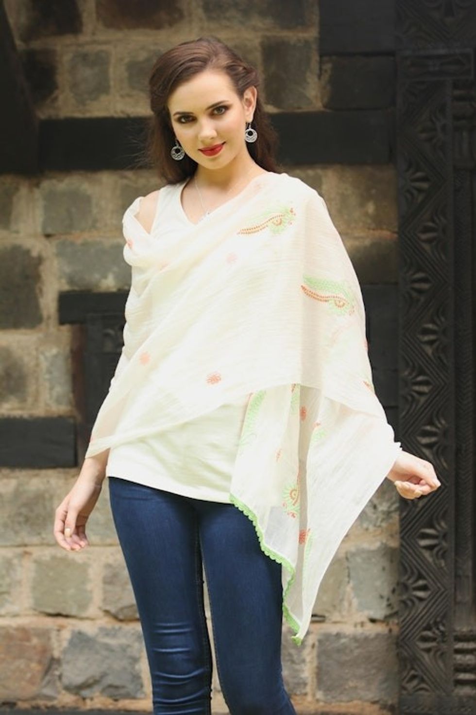 Green and Orange Embroidered Off-White Cotton Silk Shawl 'Fresh Ferns'