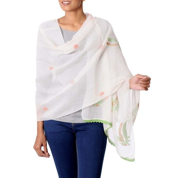 Alternate image for Green and Orange Embroidered Off-White Cotton Silk Shawl Fresh Ferns