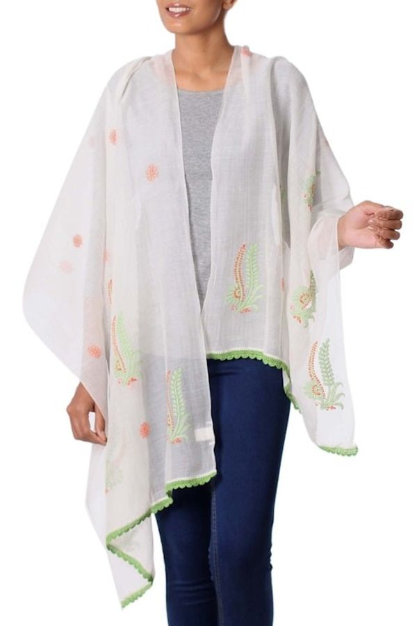 Alternate image for Green and Orange Embroidered Off-White Cotton Silk Shawl Fresh Ferns