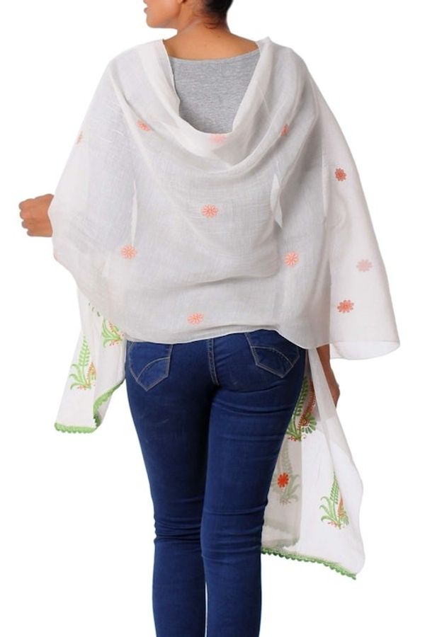 Alternate image for Green and Orange Embroidered Off-White Cotton Silk Shawl Fresh Ferns