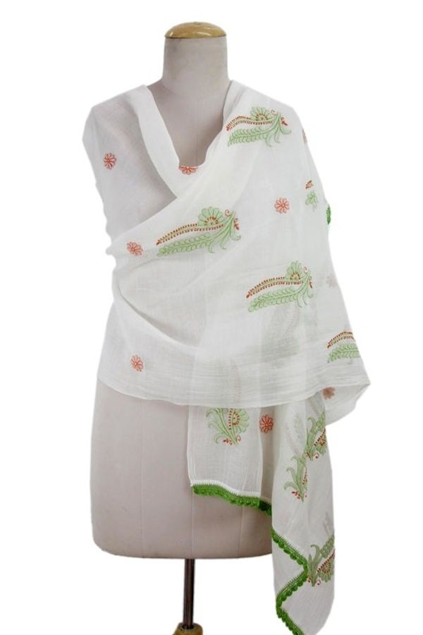 Alternate image for Green and Orange Embroidered Off-White Cotton Silk Shawl Fresh Ferns