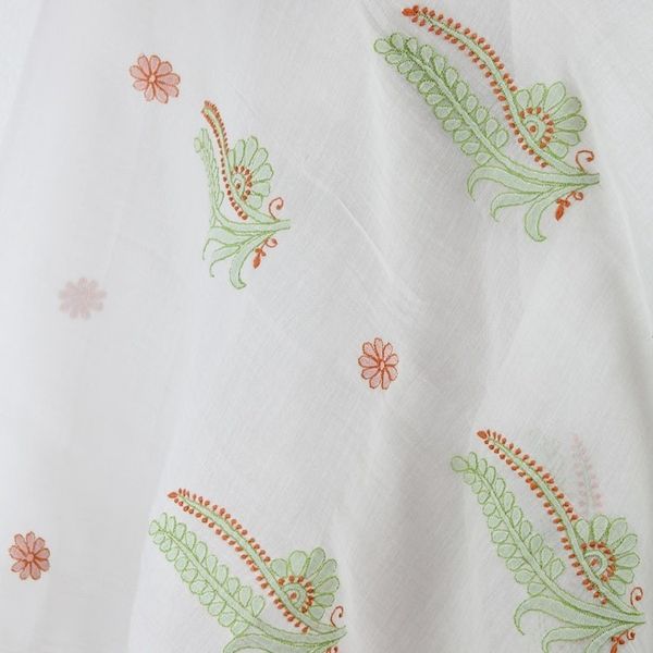 Alternate image for Green and Orange Embroidered Off-White Cotton Silk Shawl Fresh Ferns