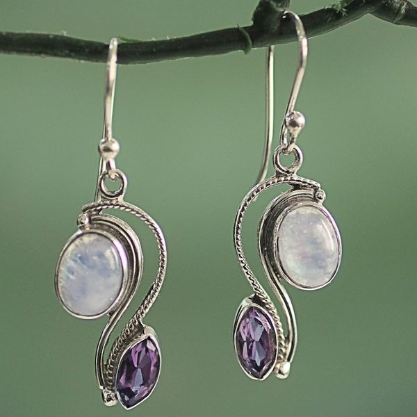 Alternate image for India Handcrafted Amethyst and Rainbow Moonstone Earrings Colorful Curves