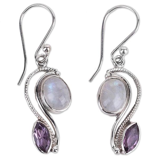 Alternate image for India Handcrafted Amethyst and Rainbow Moonstone Earrings Colorful Curves