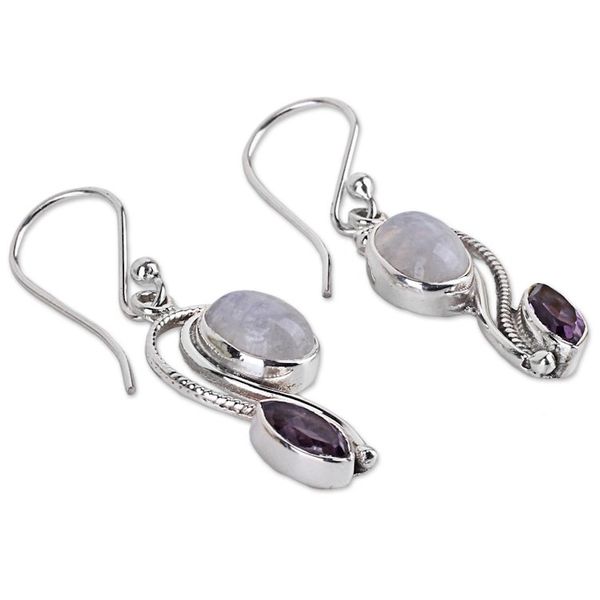 Alternate image for India Handcrafted Amethyst and Rainbow Moonstone Earrings Colorful Curves