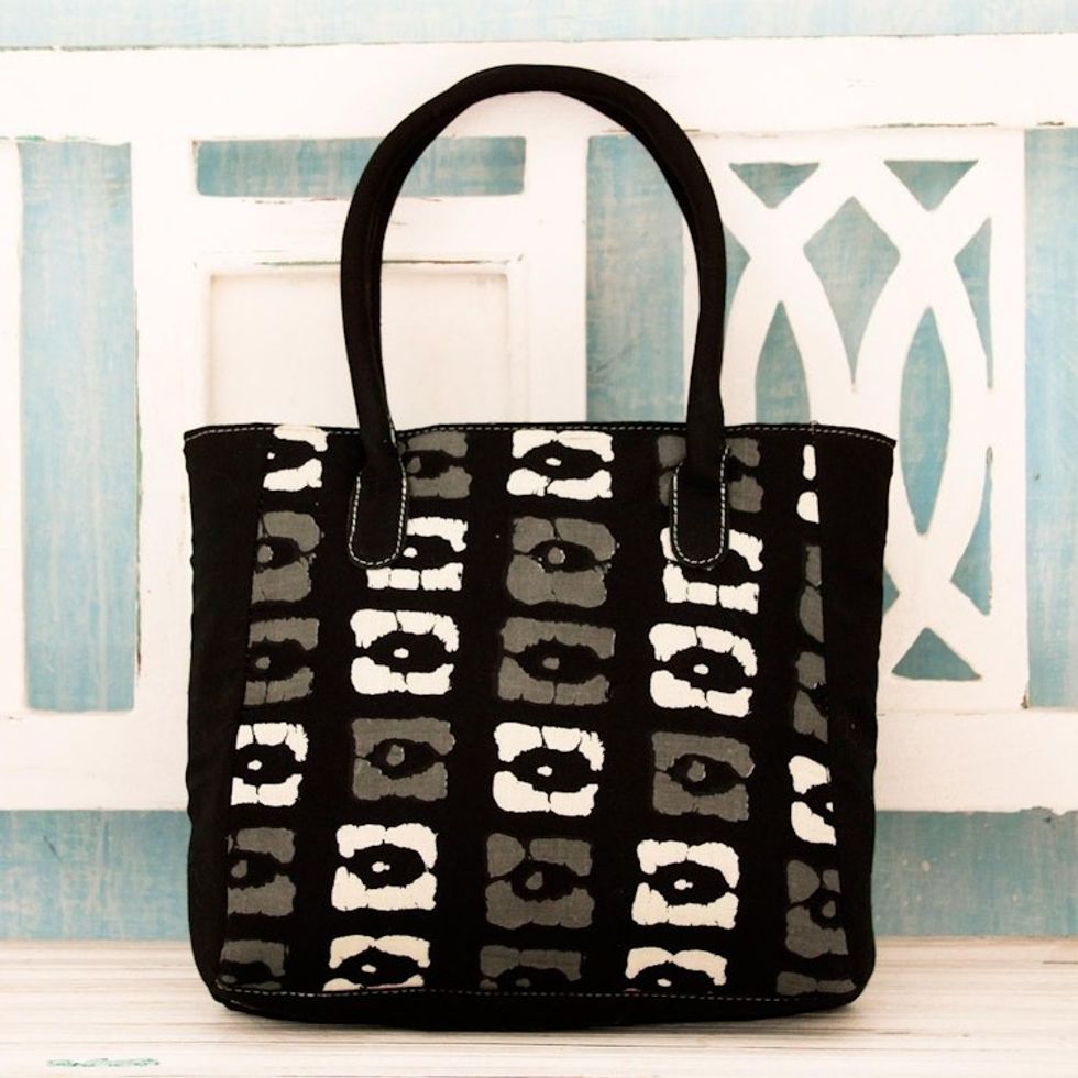 Indian Black Grey Beige Cotton Tote Bag with Three Pockets 'Building Blocks'