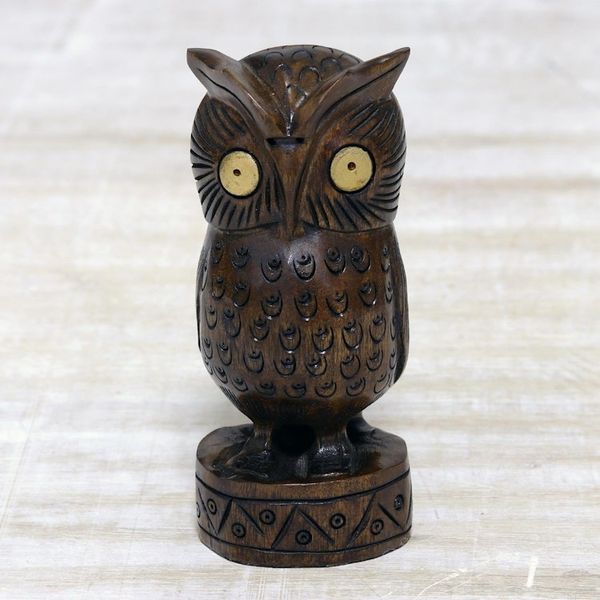 Alternate image for Antiqued Wood Bird Statuette Carved by Hand in India Vigilant Owl