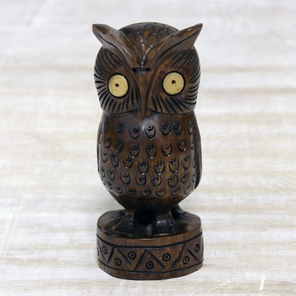 Antiqued Wood Bird Statuette Carved by Hand in India 'Vigilant Owl'