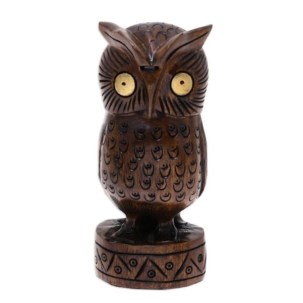 Alternate image for Antiqued Wood Bird Statuette Carved by Hand in India Vigilant Owl