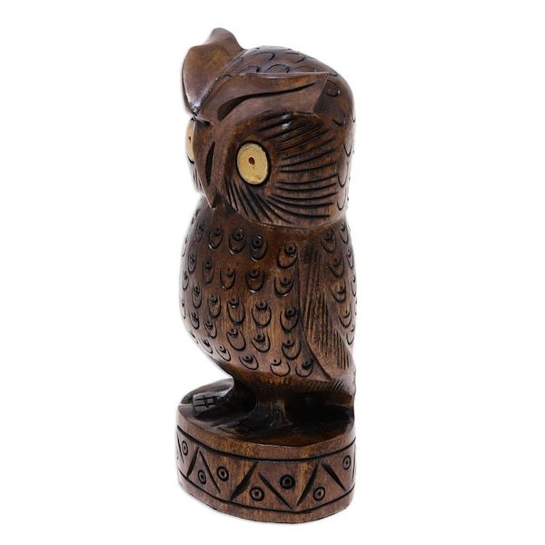 Alternate image for Antiqued Wood Bird Statuette Carved by Hand in India Vigilant Owl