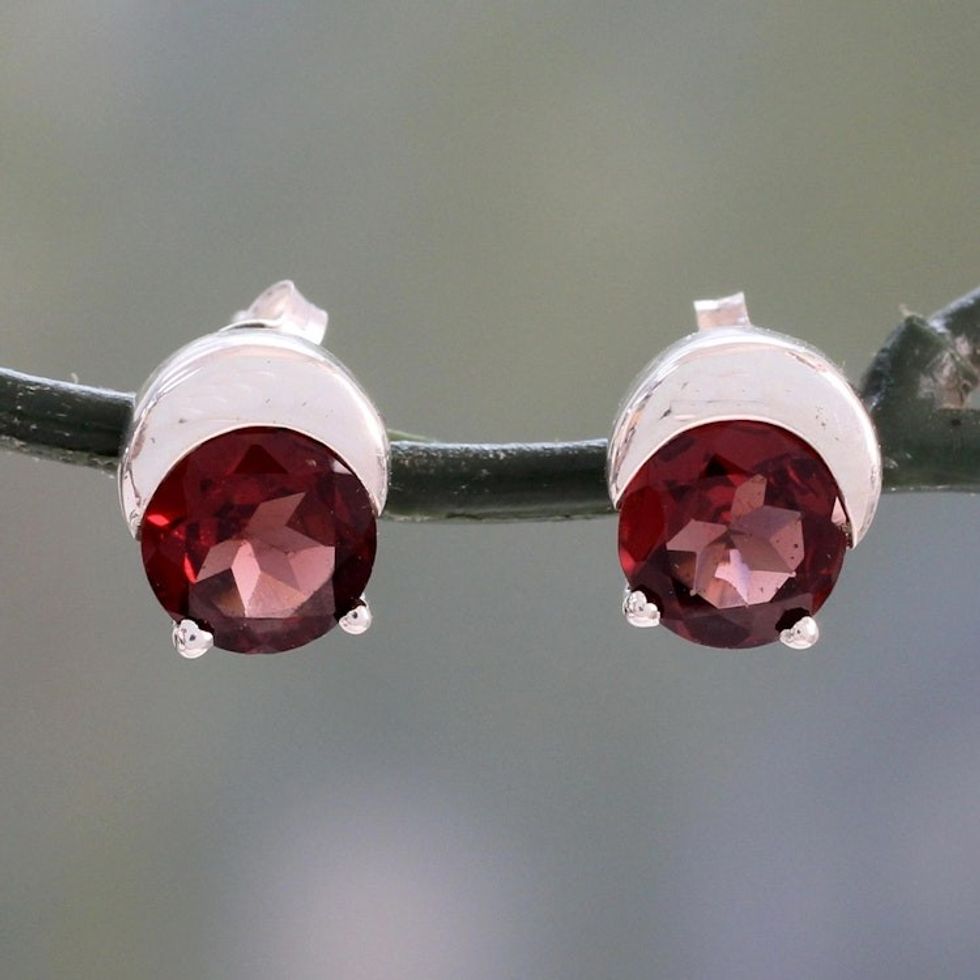 Sterling Silver and Garnet Stud Earrings from Indian Artisan 'Beneath the Moon'