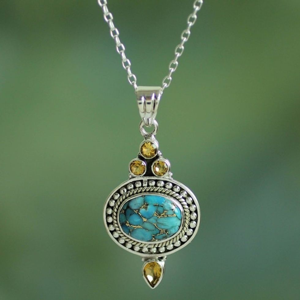 Citrine and Composite Turquoise Pendant Necklace 'Luminous Blue Sky'