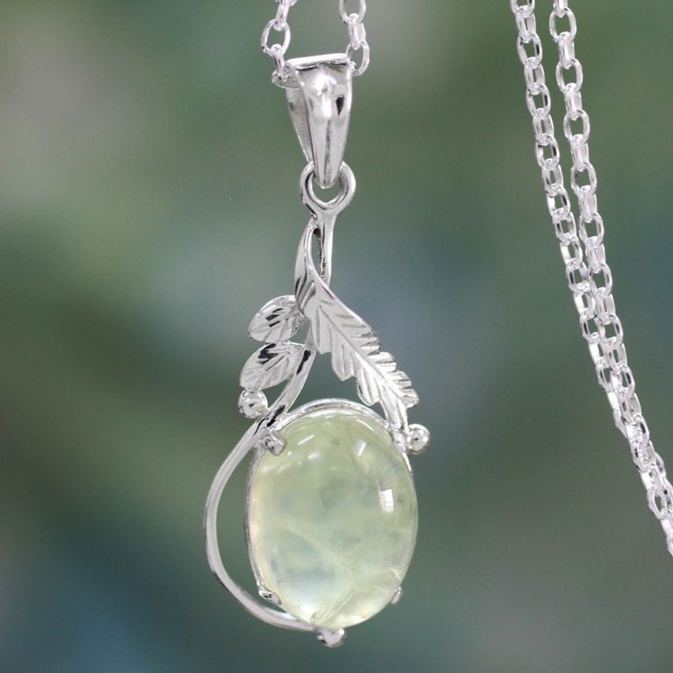 Sterling Silver Necklace with Prehnite Leafy Pendant 'Mystic Treasure'