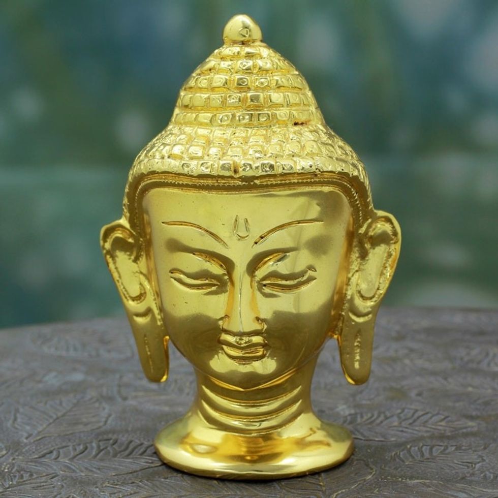 Hand Made Gold Plated Brass Buddha Head from India 'Golden Siddhartha Head'
