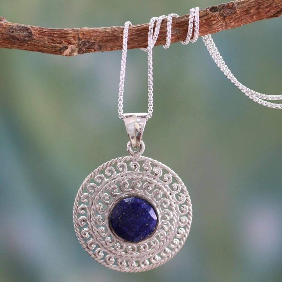 Sterling Silver and Lapis Lazuli Necklace from India Jewelry 'Mystical Shield'