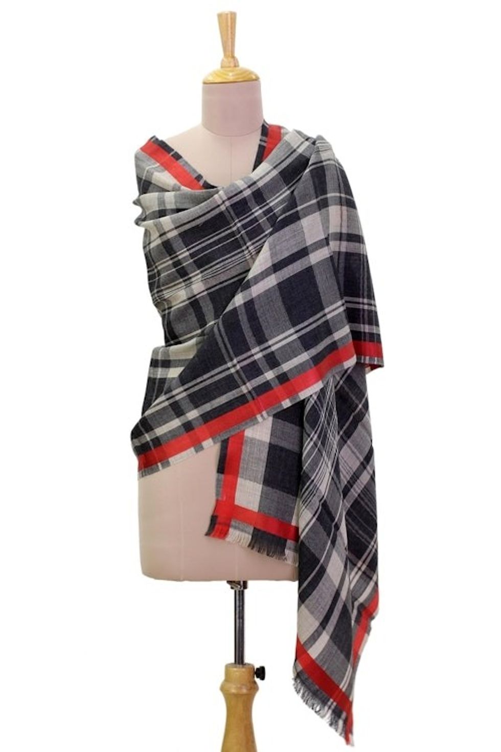 Wool Patterned Shawl in Graphite and Strawberry from India 'Graphite Intersections'