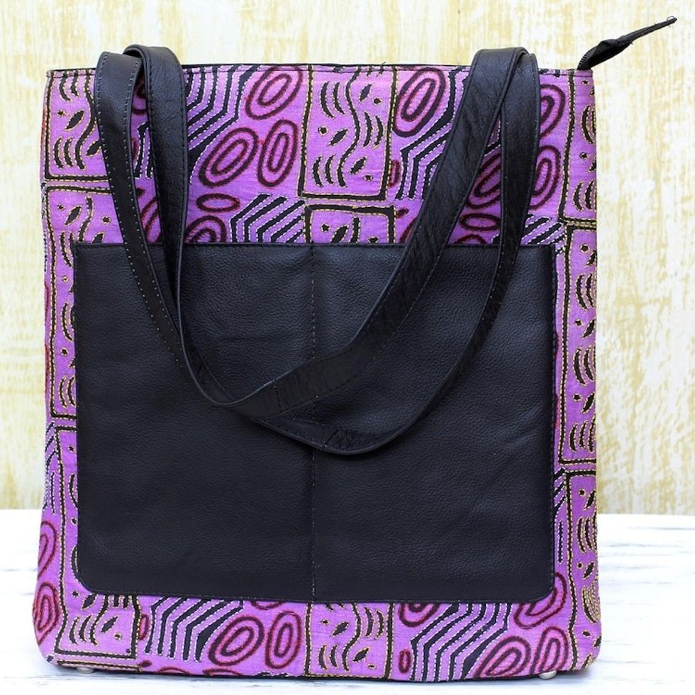 Kantha Embroidered Silk Shoulder Bag in Wisteria from India 'Majestic Wisteria'