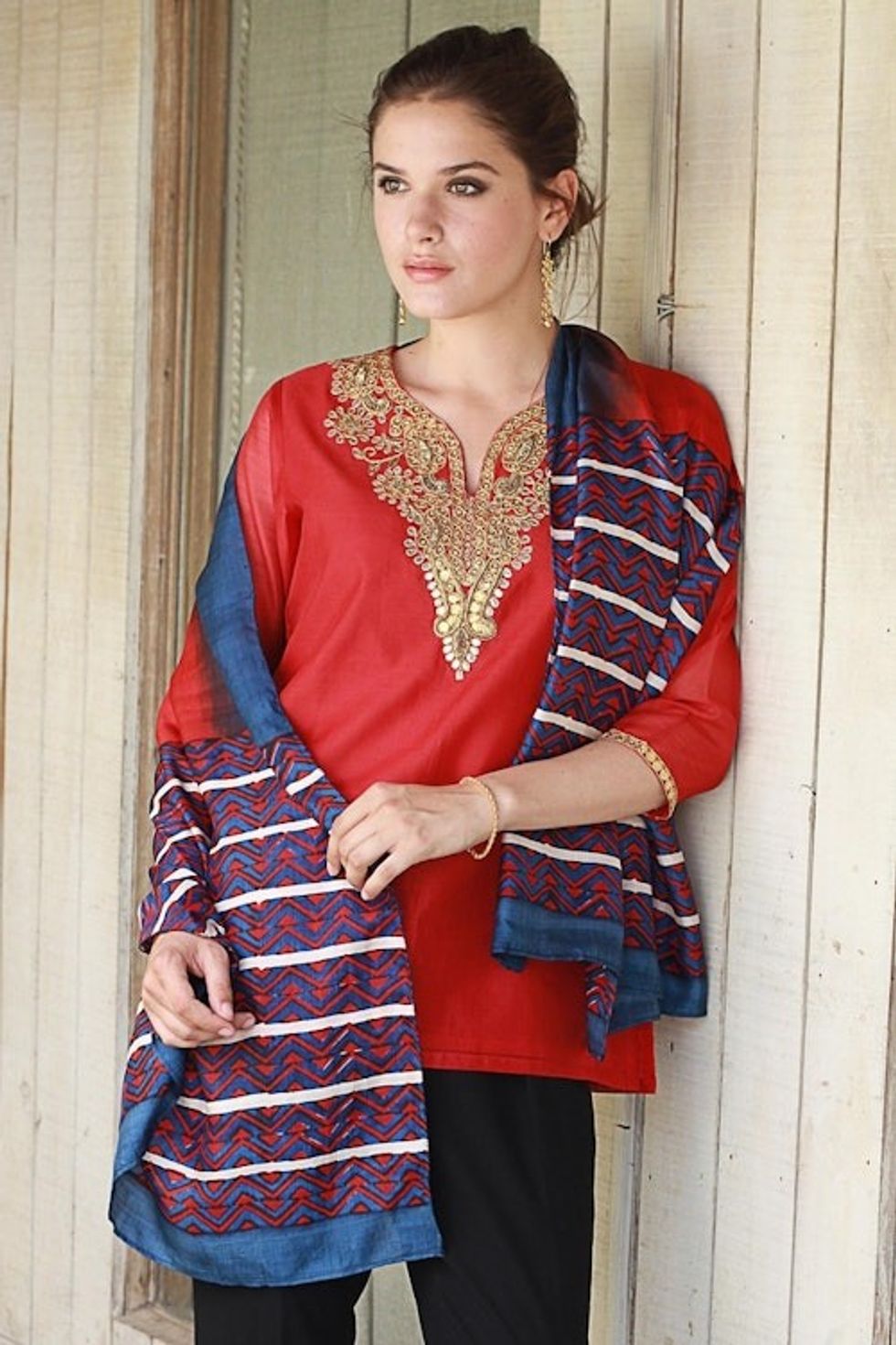 Hand Woven Cinnabar Azure Geometric Silk Shawl from India 'Bengali Festival in Cinnabar'