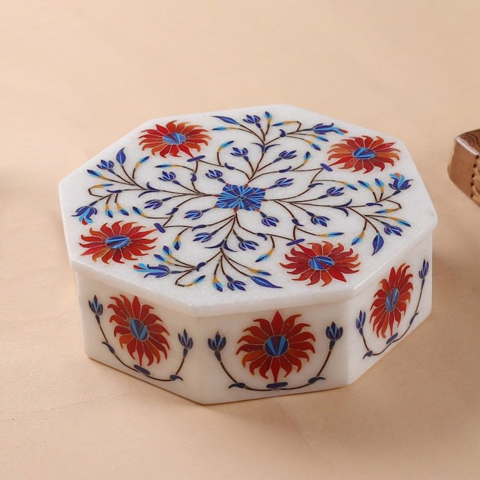 Handcrafted Indian Floral Marble Inlay Jewelry Box 'Sunflower Bouquet'