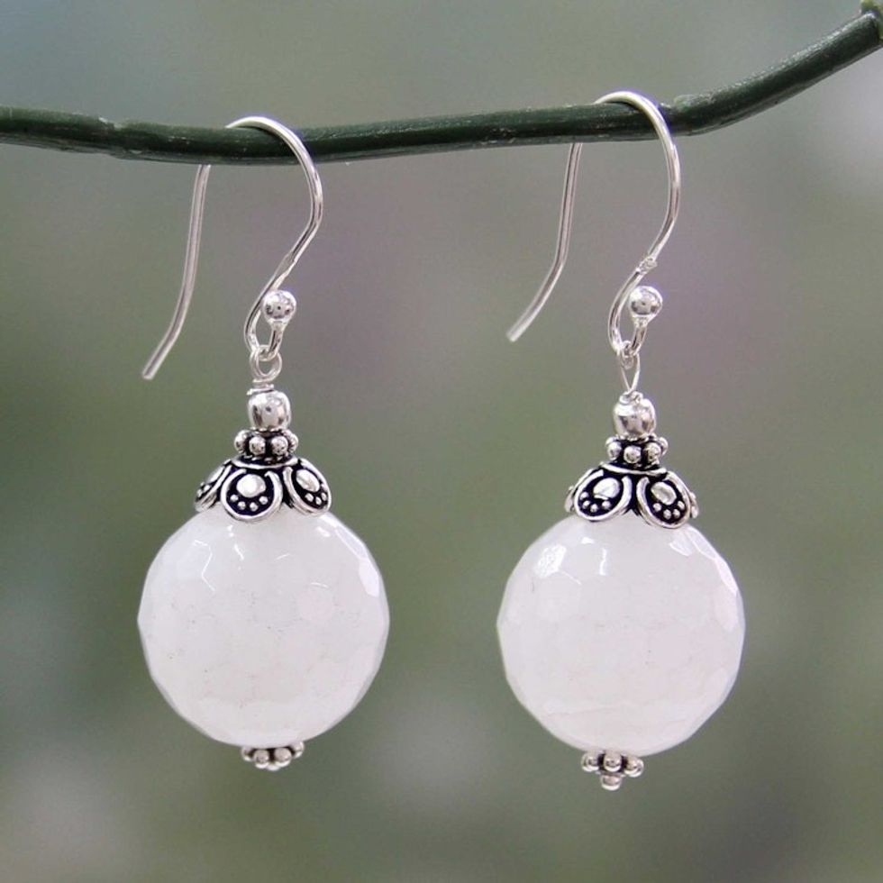 Handmade White Chalcedony and Silver Earrings from India 'Glorious White'