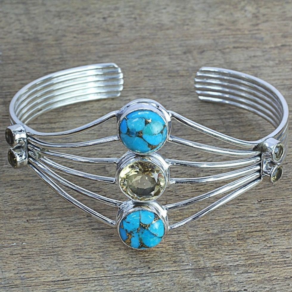 Handmade Composite Turquoise Citrine Cuff Bracelet India 'Heavenly Allure'
