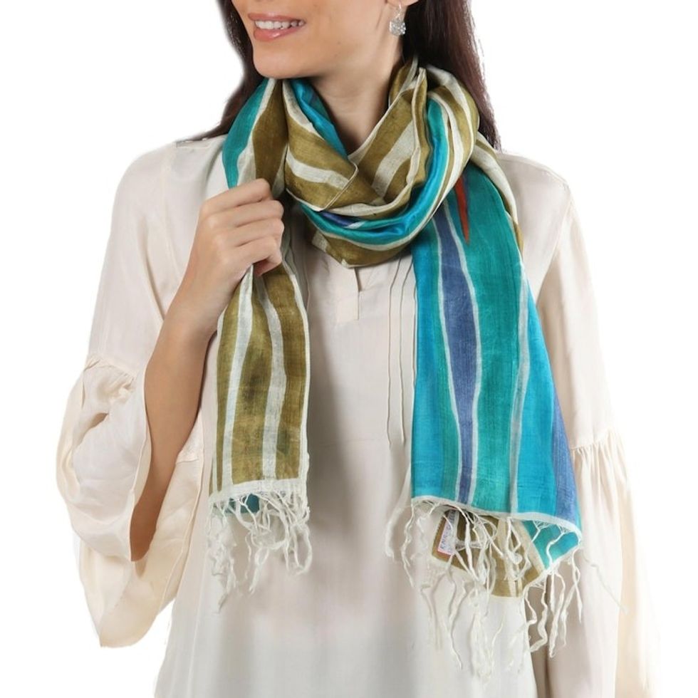 Modern Bishnupur Handwoven Silk Print Shawl from Bengal 'Dhau in Blue'