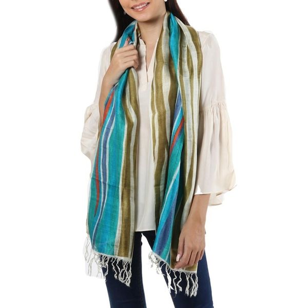 Alternate image for Modern Bishnupur Handwoven Silk Print Shawl from Bengal Dhau in Blue