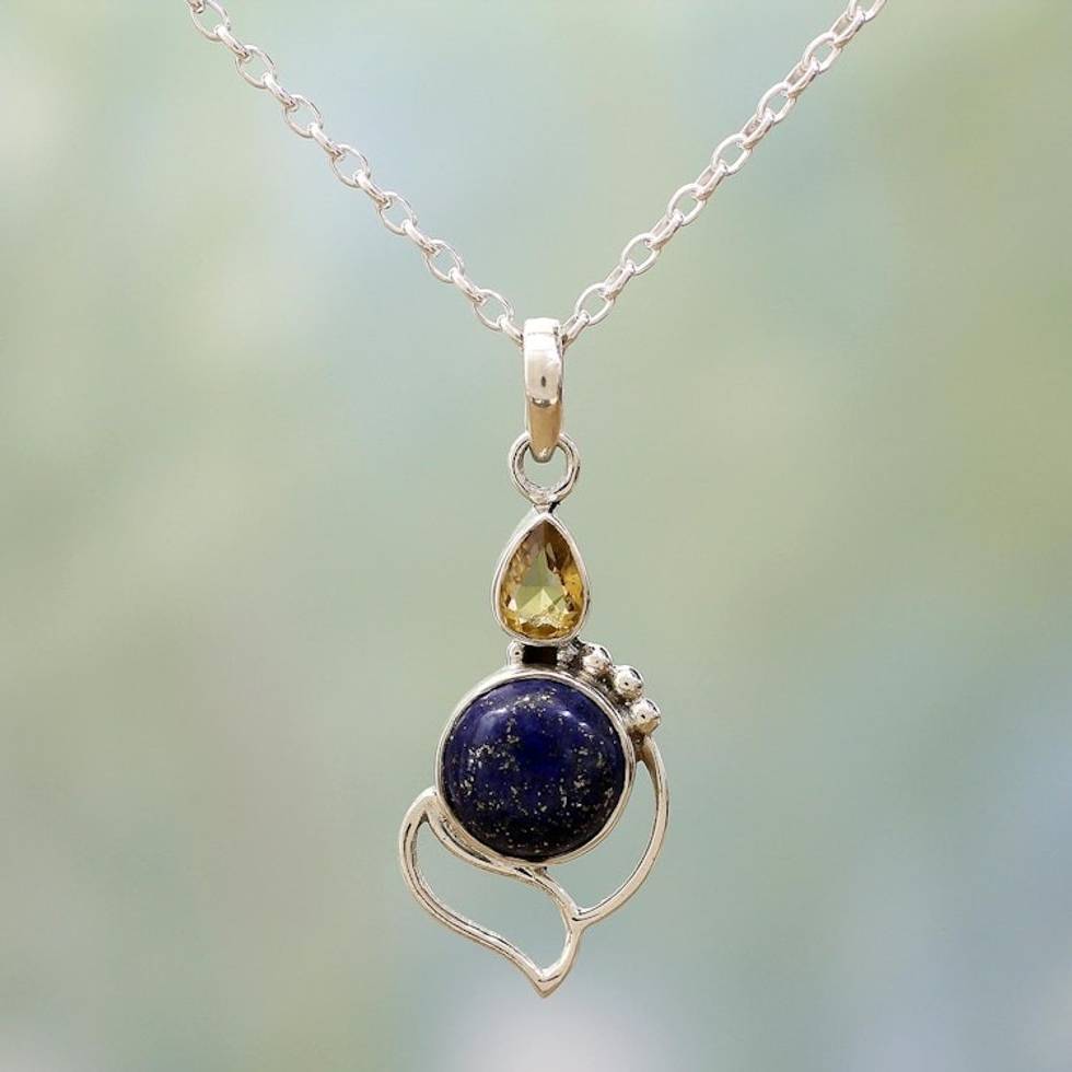 Citrine and Lapis Lazuli Pendant Necklace from India 'Starry Crest'